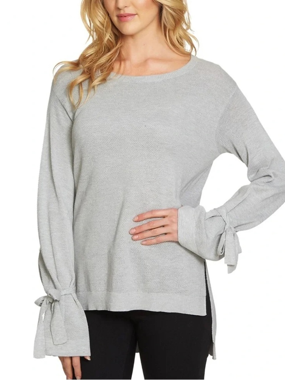 1.STATE Women’s Gray Tie Sleeve Knit Sweater
